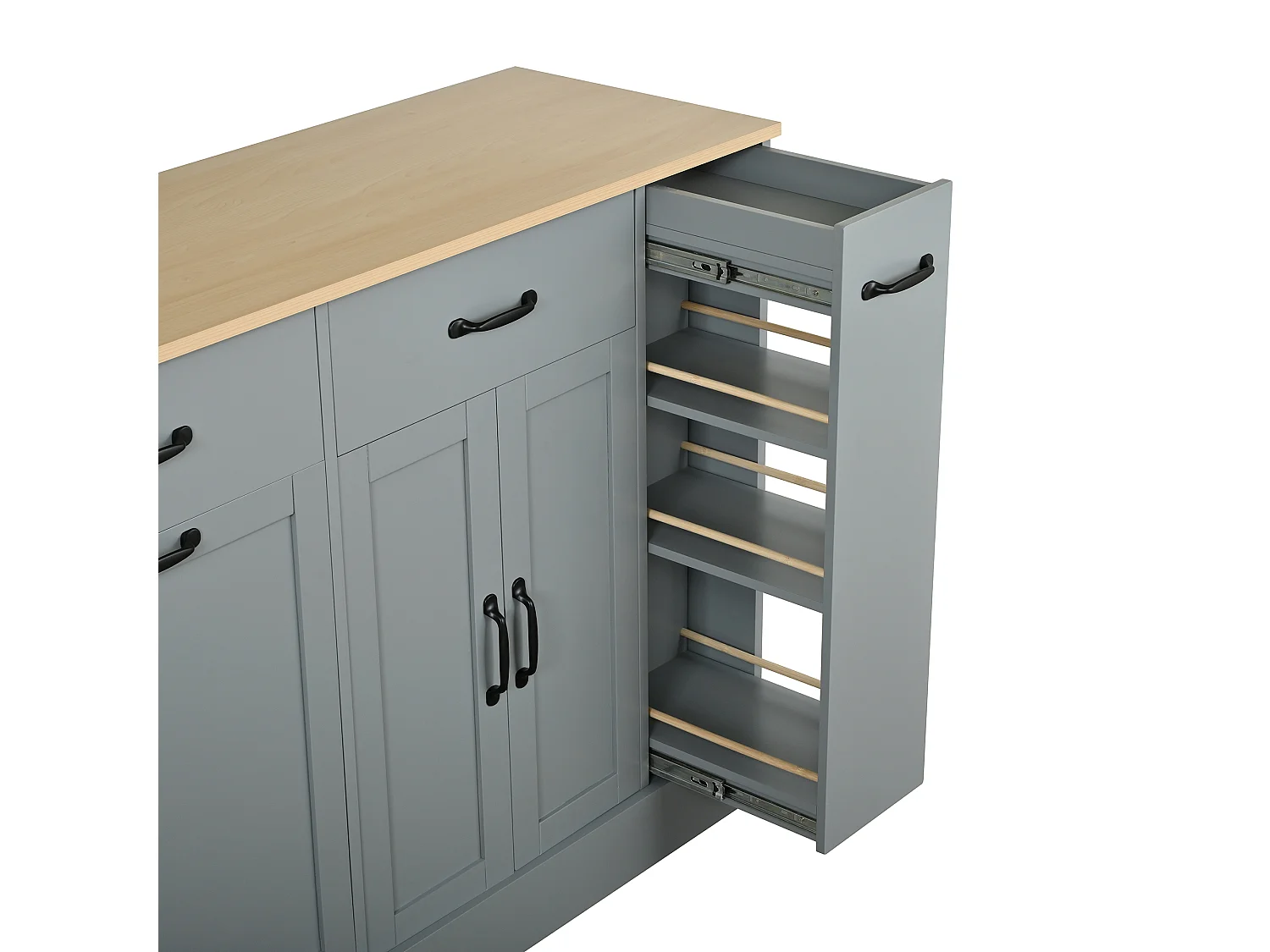 Buffet moderne 133.5x40x86cm - avec tiroirs et étagère à épices - Compartiment avec poubelle - Naturel + Gris