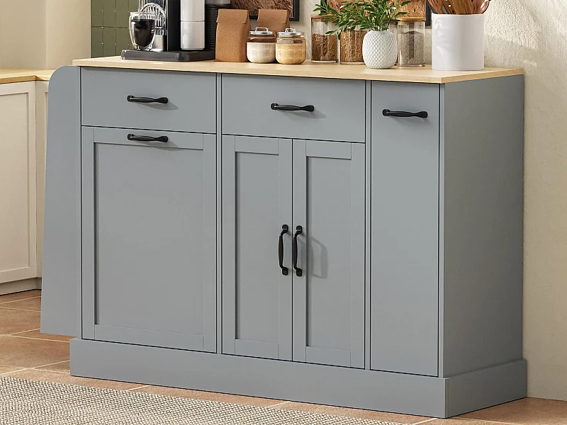 Buffet moderne 133.5x40x86cm - avec tiroirs et étagère à épices - Compartiment avec poubelle - Naturel + Gris