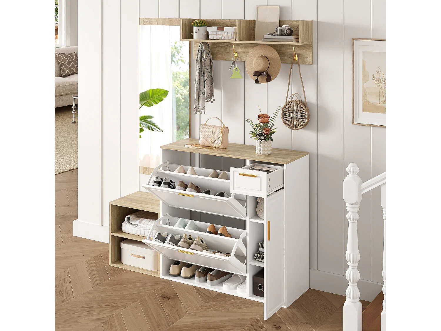 Garderoben-Set für den Eingangsbereich 130x30x174cm - mit 2 Schuhschränken - mit Wandspiegel und Kleiderhaken - Natur + Weiß