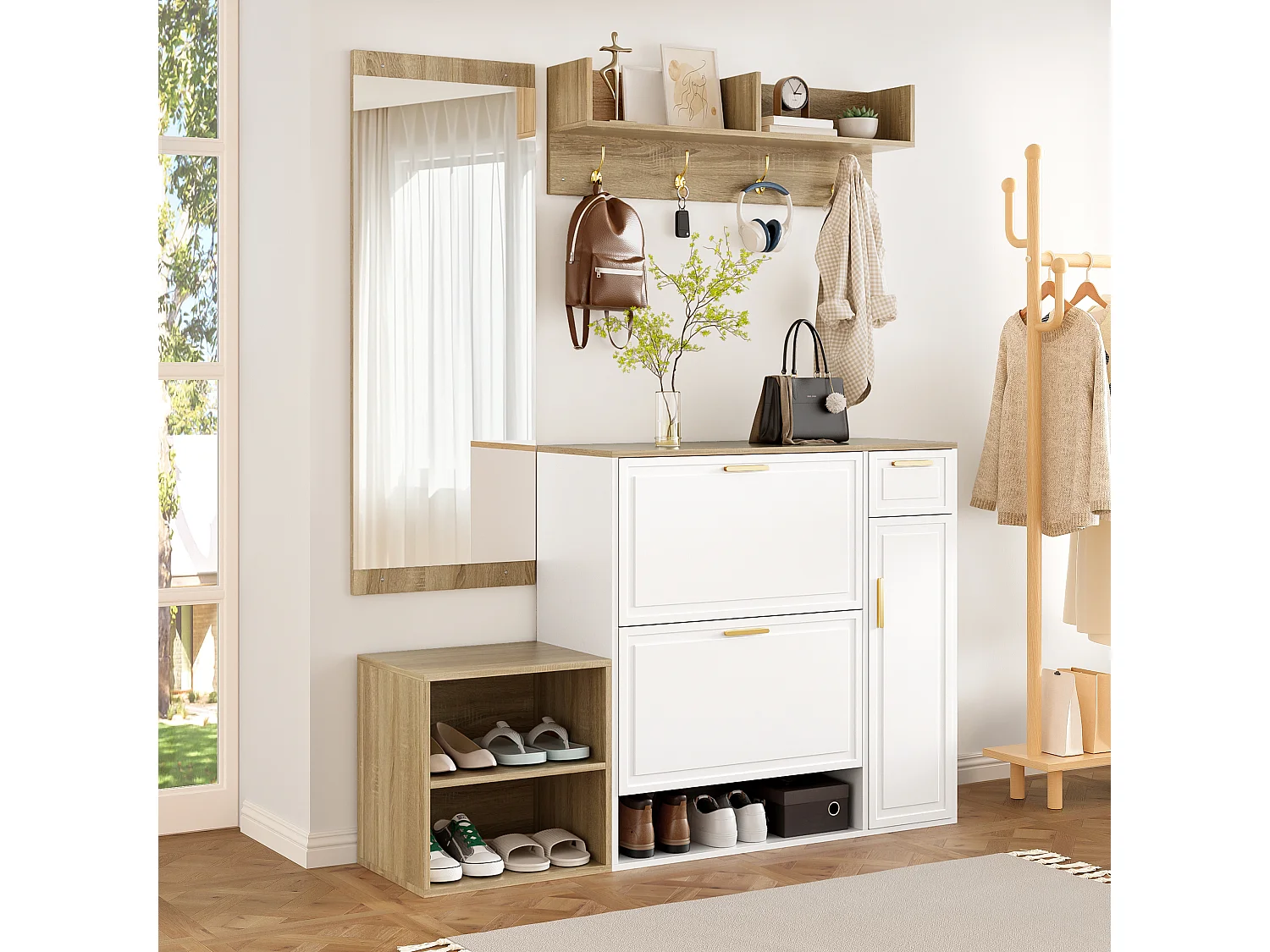 Garderoben-Set für den Eingangsbereich 130x30x174cm - mit 2 Schuhschränken - mit Wandspiegel und Kleiderhaken - Natur + Weiß