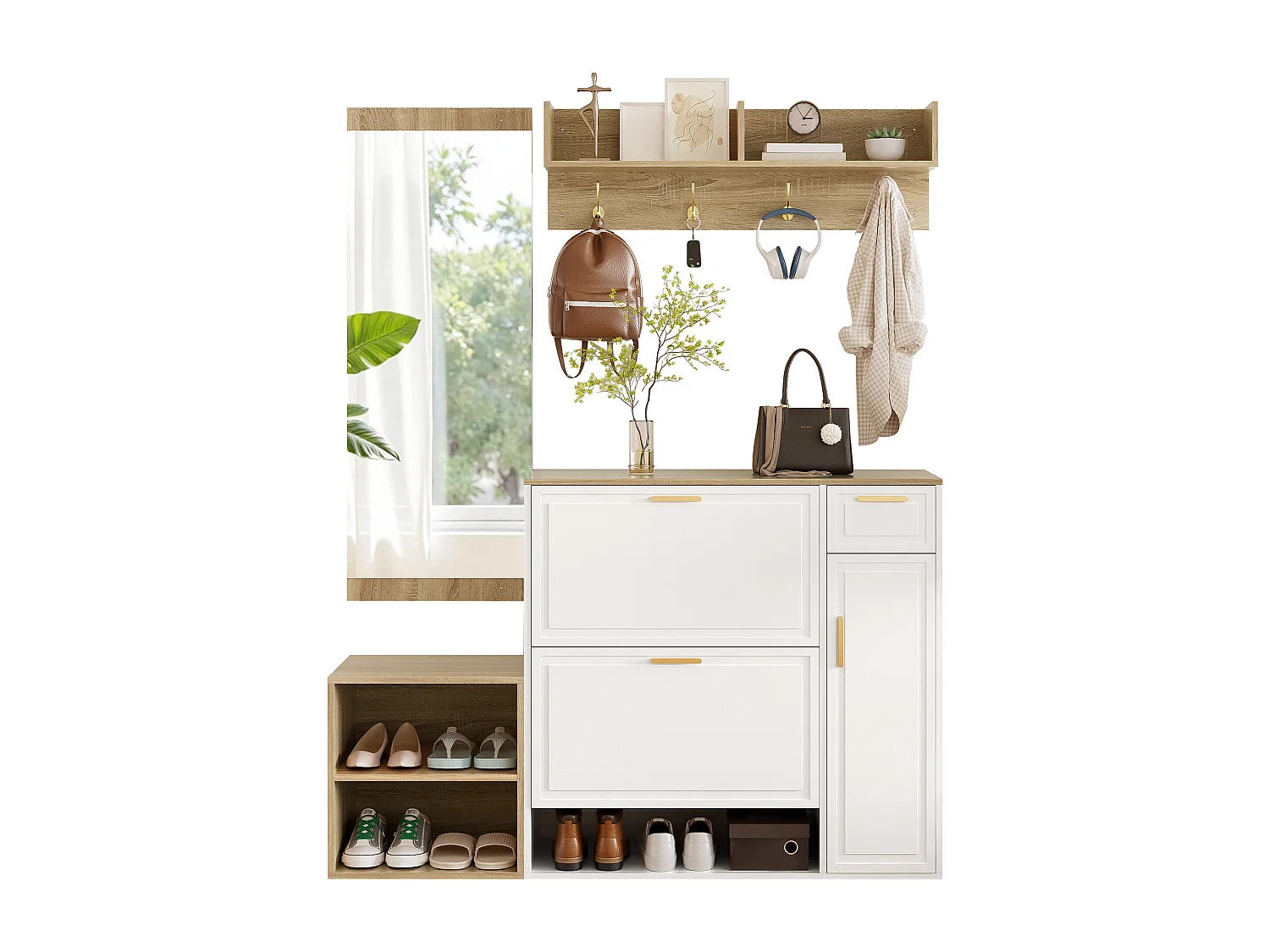 Garderoben-Set für den Eingangsbereich 130x30x174cm - mit 2 Schuhschränken - mit Wandspiegel und Kleiderhaken - Natur + Weiß