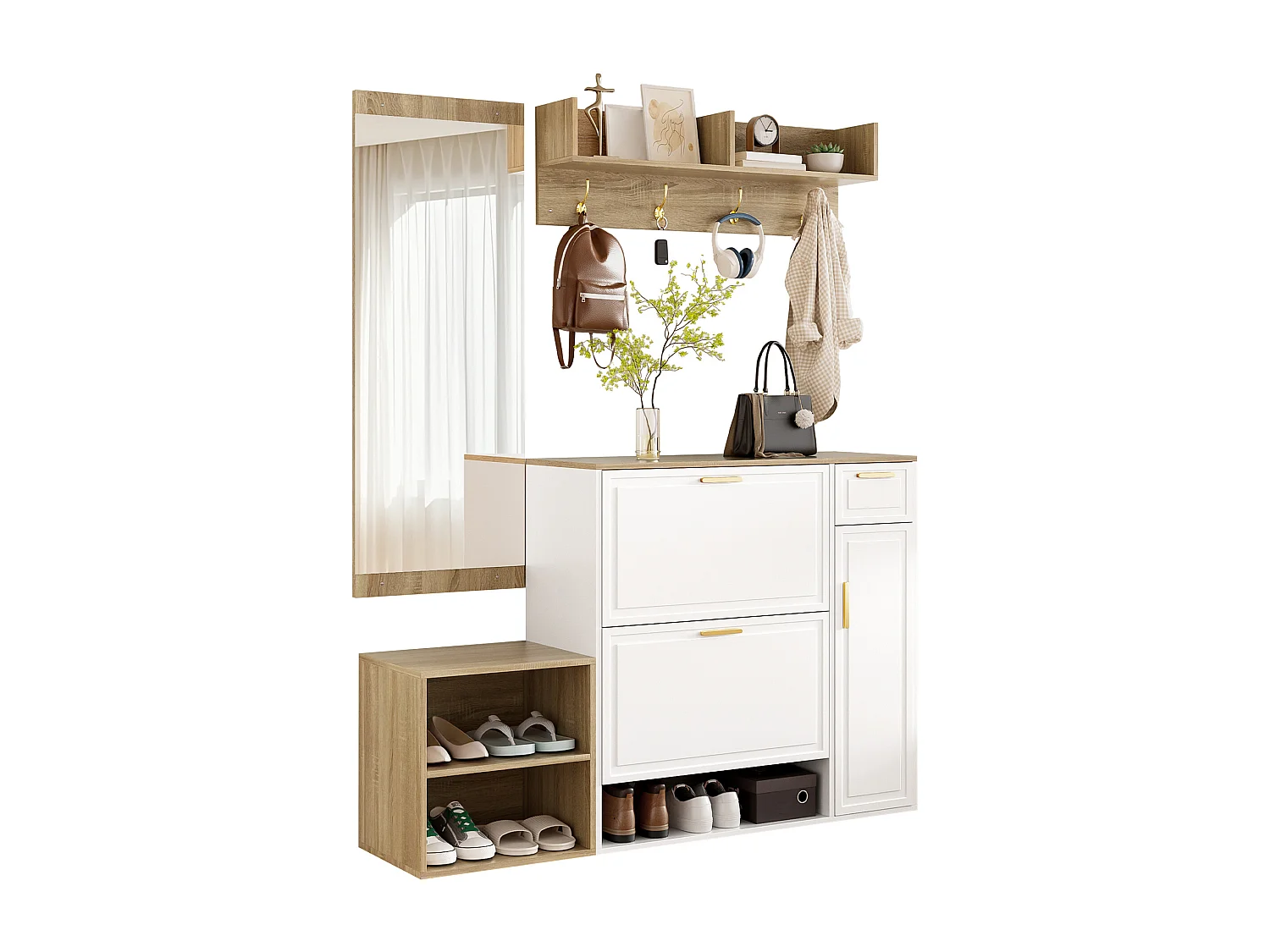 Garderoben-Set für den Eingangsbereich 130x30x174cm - mit 2 Schuhschränken - mit Wandspiegel und Kleiderhaken - Natur + Weiß