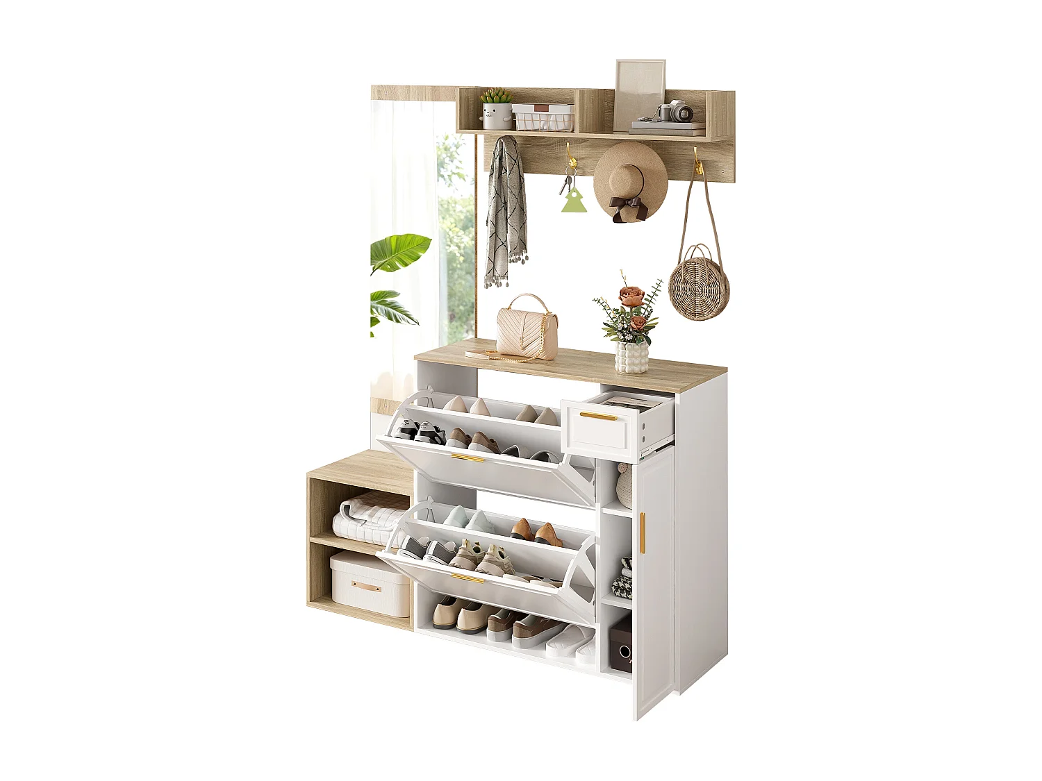 Garderoben-Set für den Eingangsbereich 130x30x174cm - mit 2 Schuhschränken - mit Wandspiegel und Kleiderhaken - Natur + Weiß