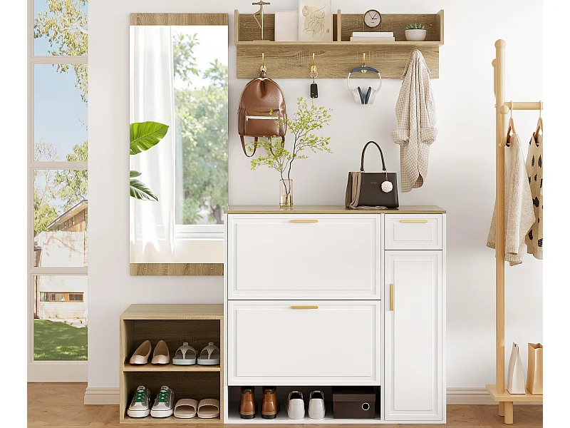 Garderoben-Set für den Eingangsbereich 130x30x174cm - mit 2 Schuhschränken - mit Wandspiegel und Kleiderhaken - Natur + Weiß