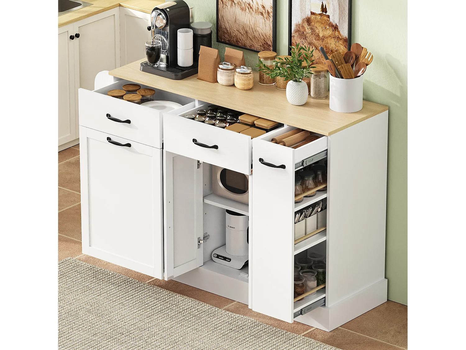 Buffet moderne 133.5x40x86cm - avec tiroirs et étagère à épices - Compartiment avec poubelle - Naturel + Blanc