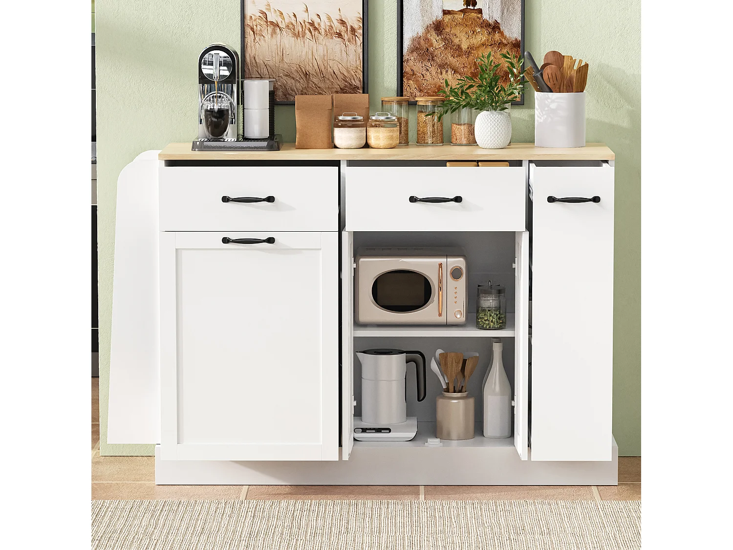 Buffet moderne 133.5x40x86cm - avec tiroirs et étagère à épices - Compartiment avec poubelle - Naturel + Blanc