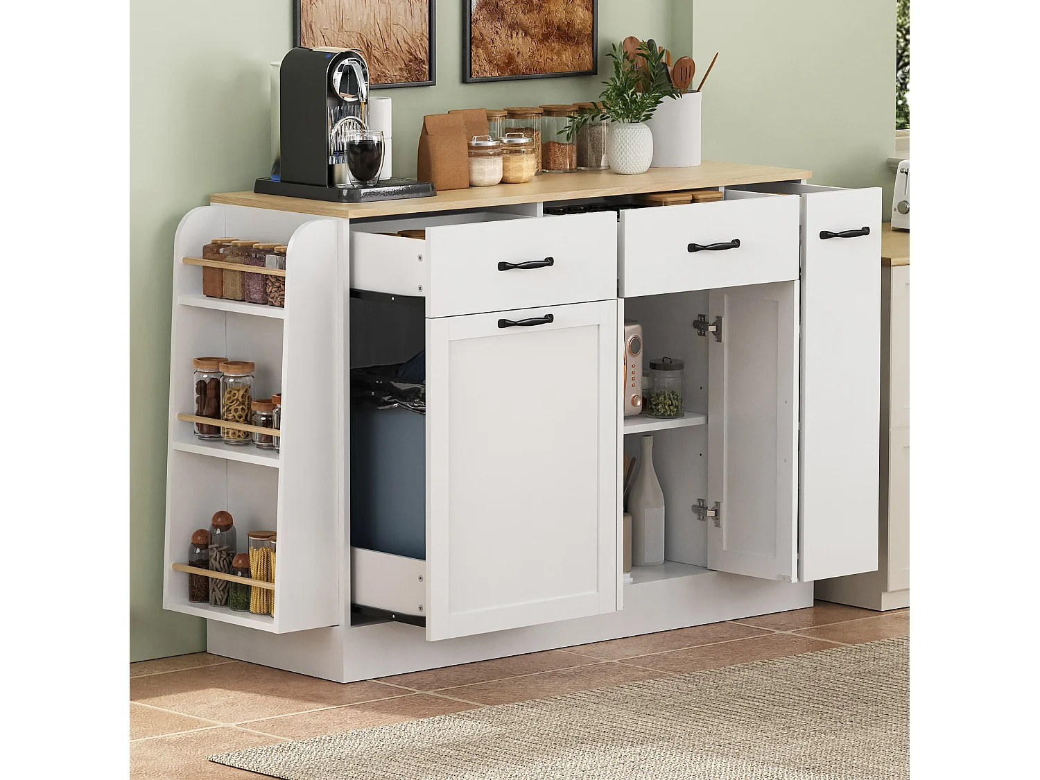 Buffet moderne 133.5x40x86cm - avec tiroirs et étagère à épices - Compartiment avec poubelle - Naturel + Blanc