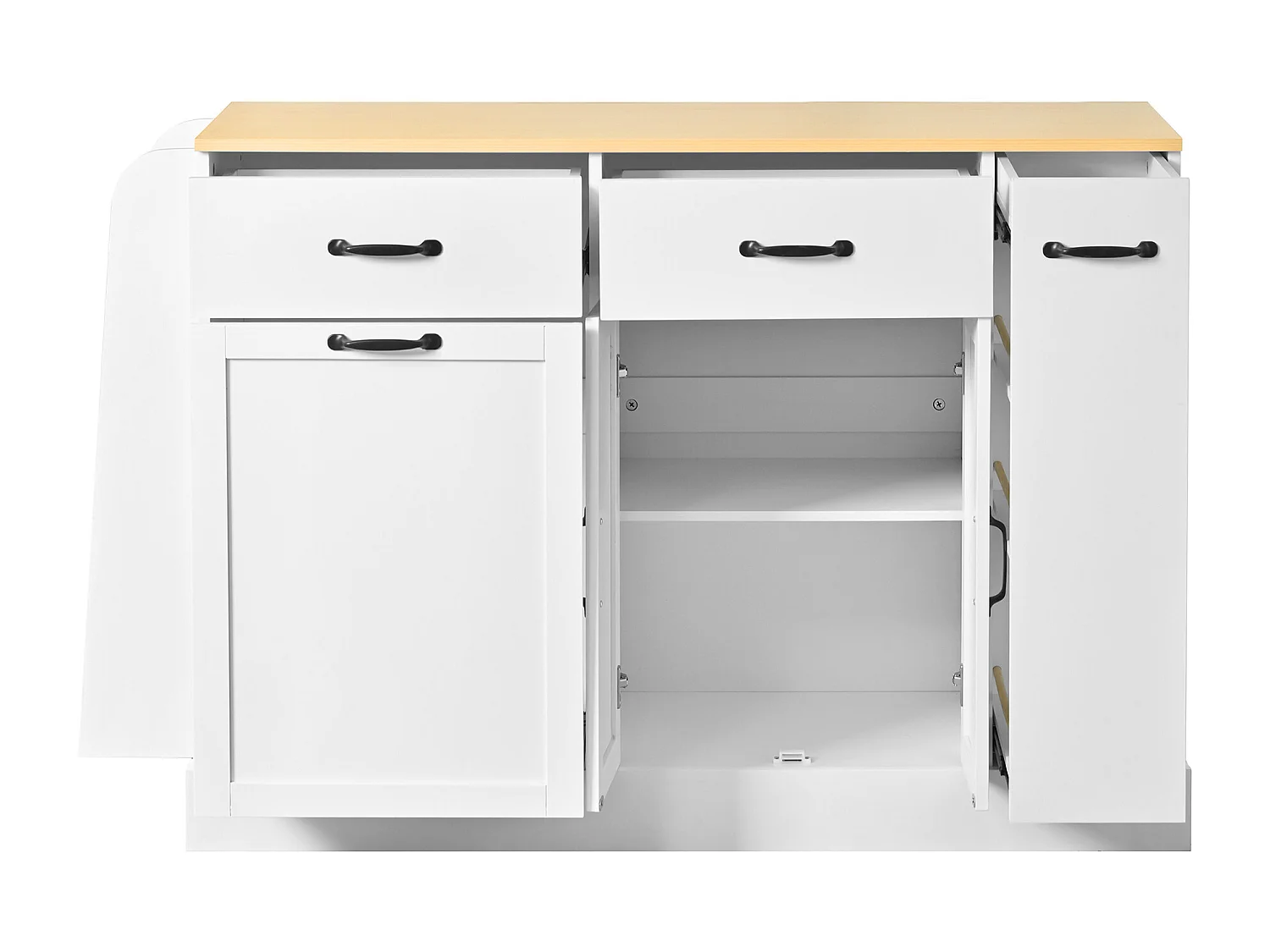 Buffet moderne 133.5x40x86cm - avec tiroirs et étagère à épices - Compartiment avec poubelle - Naturel + Blanc