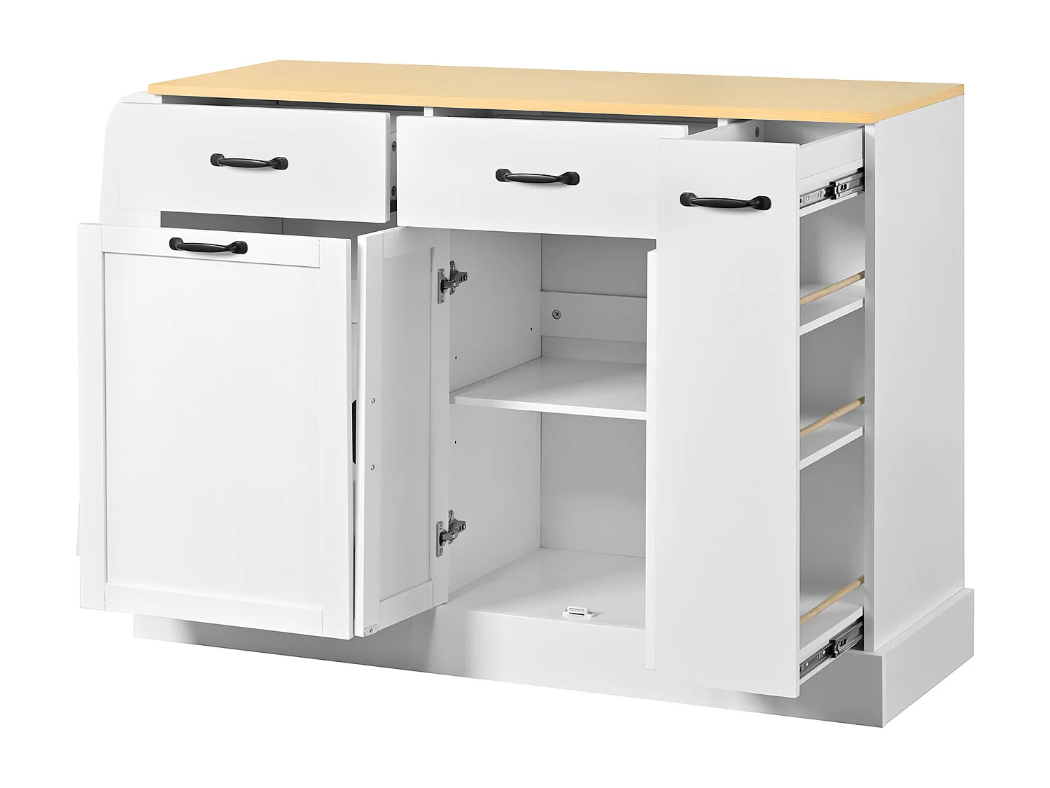 Buffet moderne 133.5x40x86cm - avec tiroirs et étagère à épices - Compartiment avec poubelle - Naturel + Blanc