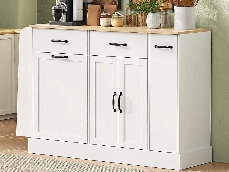 Buffet moderne 133.5x40x86cm - avec tiroirs et étagère à épices - Compartiment avec poubelle - Naturel + Blanc