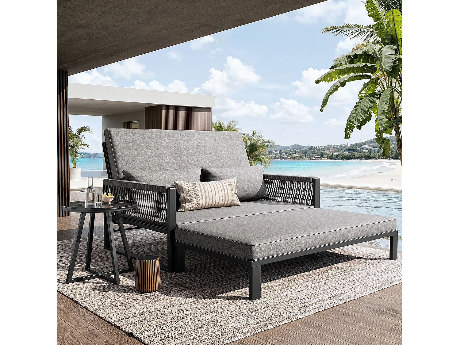 Bain de soleil, canapé de jardin -  chaise longue de jardin démontable et modulable - en fer galvanisé et cordage  - 2 places - Gris