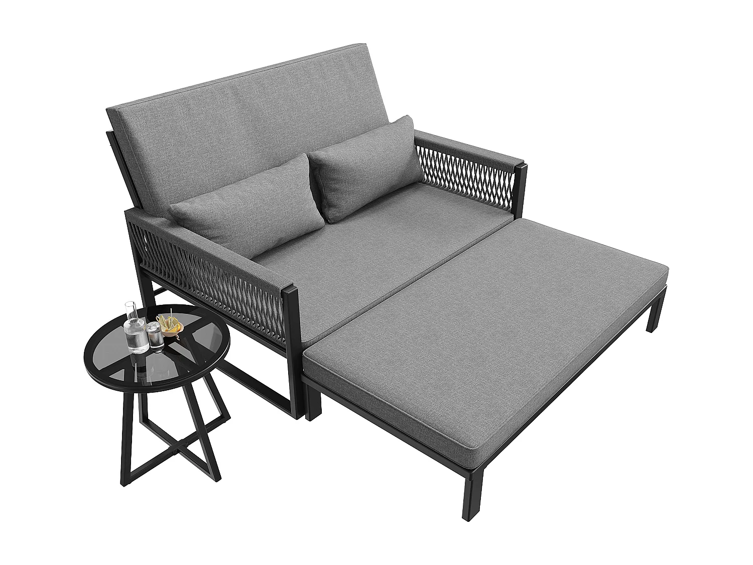 Bain de soleil, canapé de jardin -  chaise longue de jardin démontable et modulable - en fer galvanisé et cordage  - 2 places - Gris
