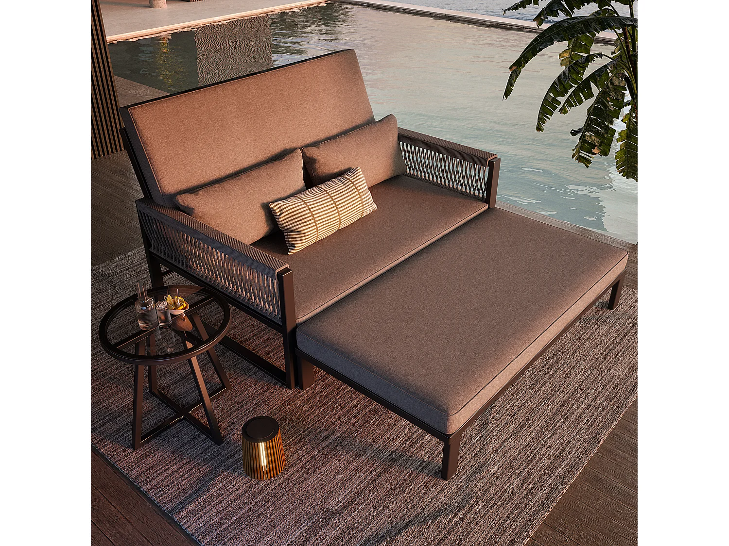 Bain de soleil, canapé de jardin -  chaise longue de jardin démontable et modulable - en fer galvanisé et cordage  - 2 places - Gris