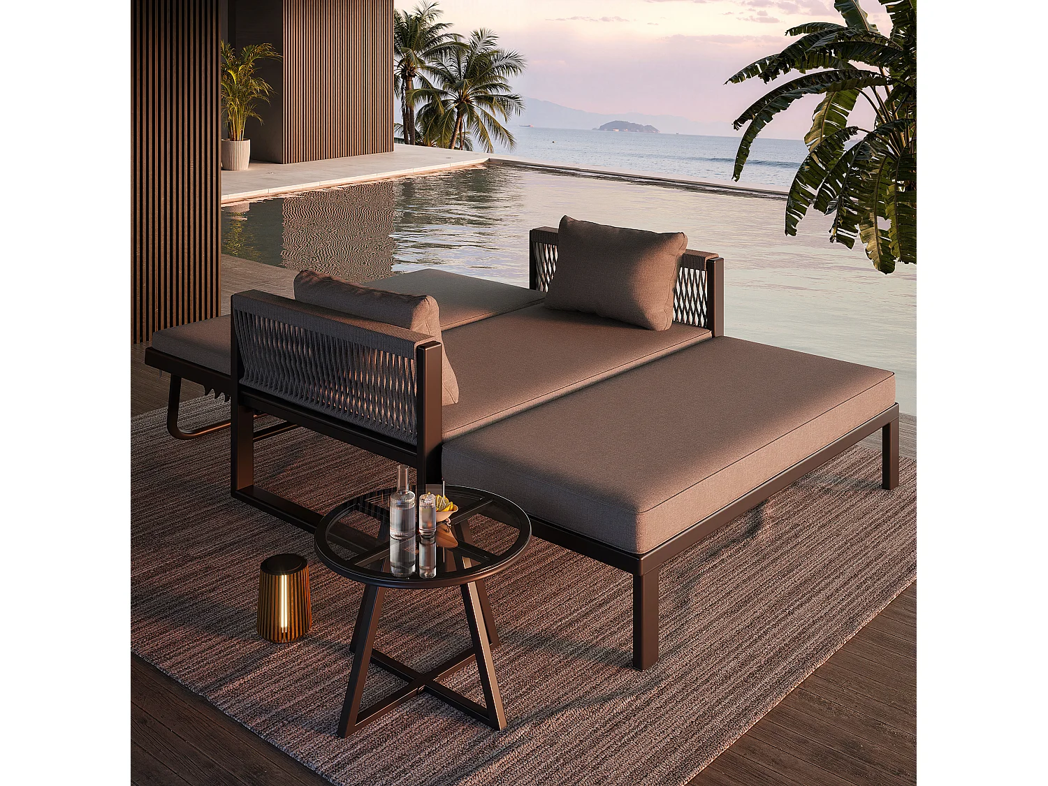 Bain de soleil, canapé de jardin -  chaise longue de jardin démontable et modulable - en fer galvanisé et cordage  - 2 places - Gris