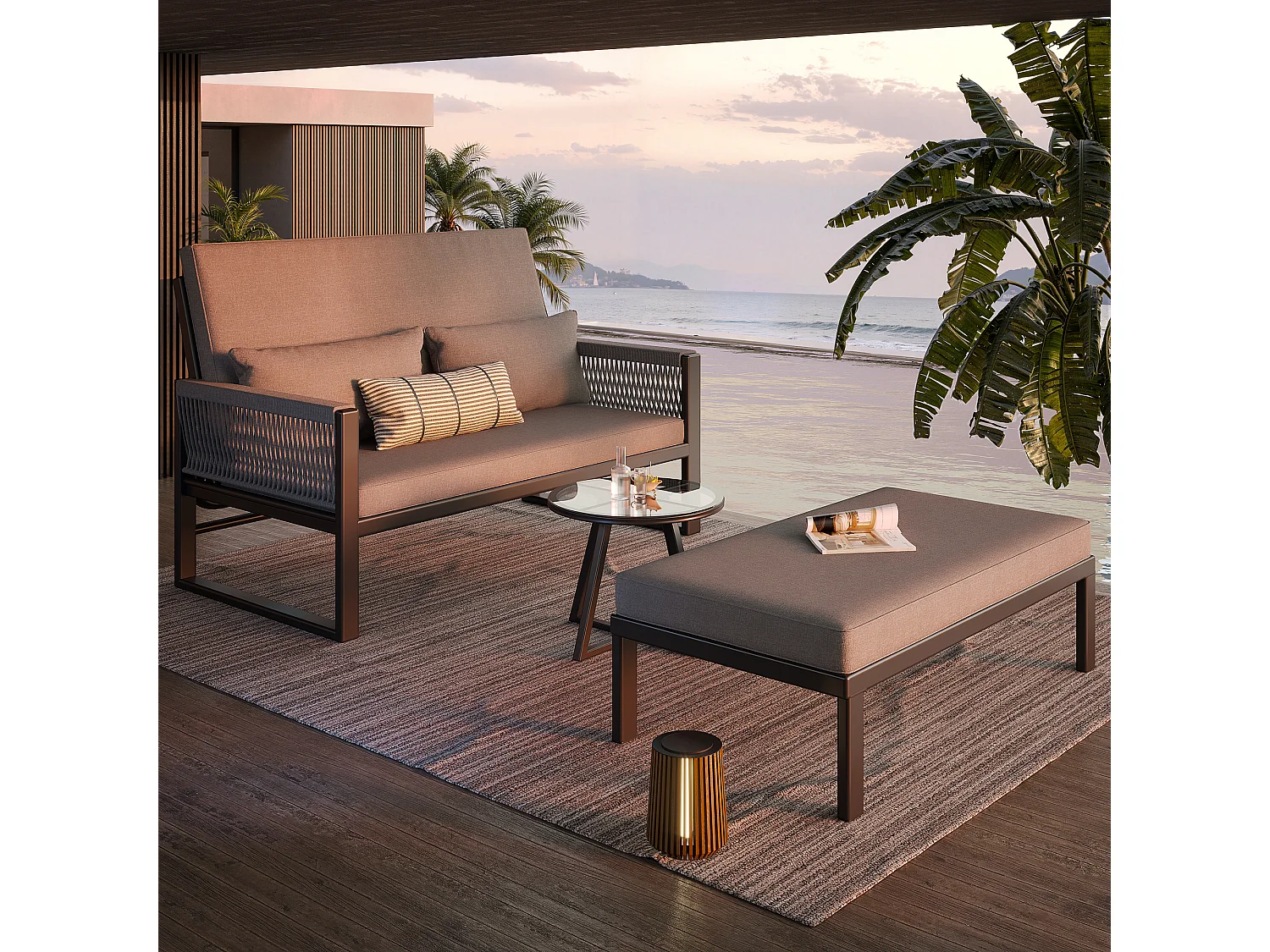 Bain de soleil, canapé de jardin -  chaise longue de jardin démontable et modulable - en fer galvanisé et cordage  - 2 places - Gris