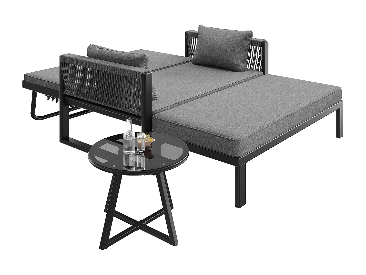 Bain de soleil, canapé de jardin -  chaise longue de jardin démontable et modulable - en fer galvanisé et cordage  - 2 places - Gris