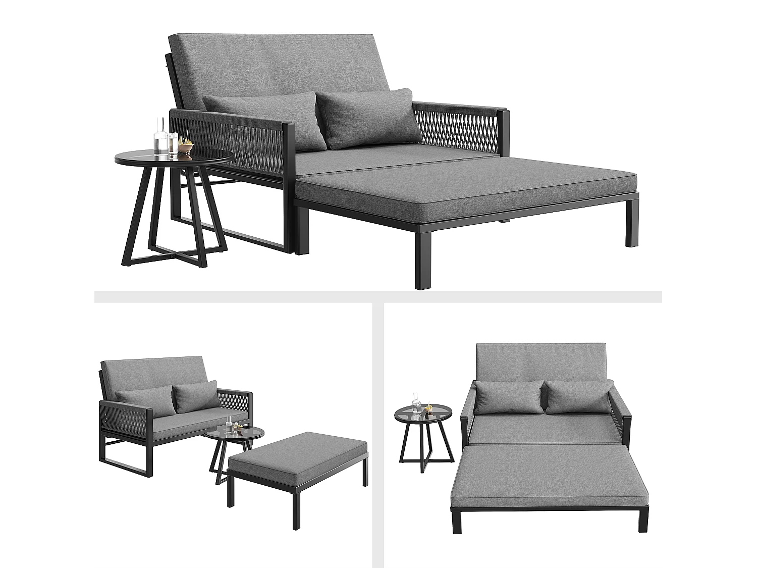 Bain de soleil, canapé de jardin -  chaise longue de jardin démontable et modulable - en fer galvanisé et cordage  - 2 places - Gris