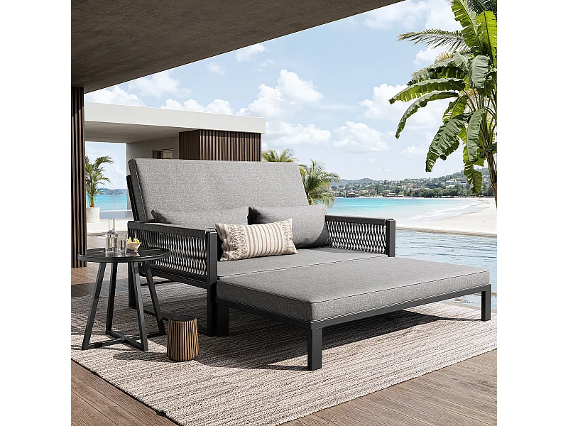 Bain de soleil, canapé de jardin -  chaise longue de jardin démontable et modulable - en fer galvanisé et cordage  - 2 places - Gris