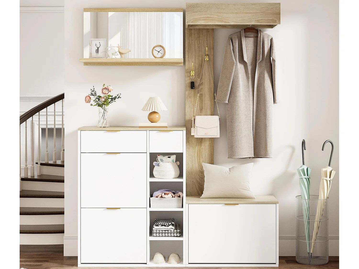 Garderoben-Set für den Eingangsbereich 130x30x174cm - mit Schuhschrank und Bank - mit Wandspiegel und Kleiderhaken - Natur + Weiß