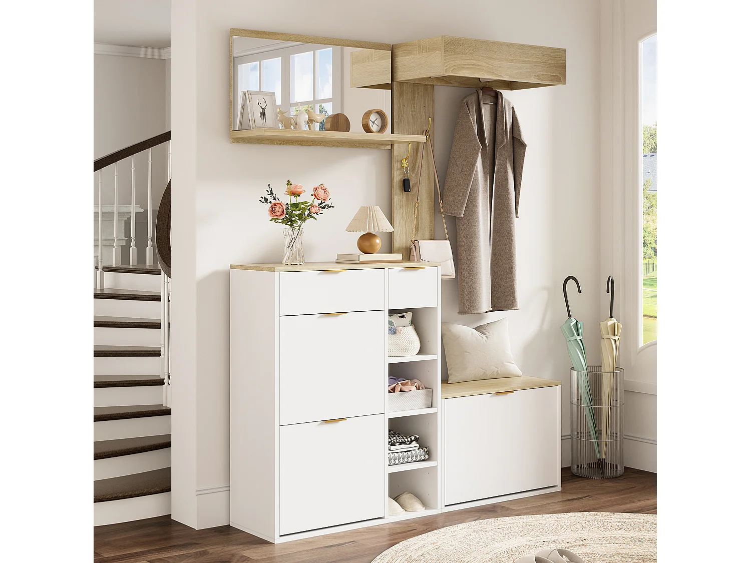 Garderoben-Set für den Eingangsbereich 130x30x174cm - mit Schuhschrank und Bank - mit Wandspiegel und Kleiderhaken - Natur + Weiß