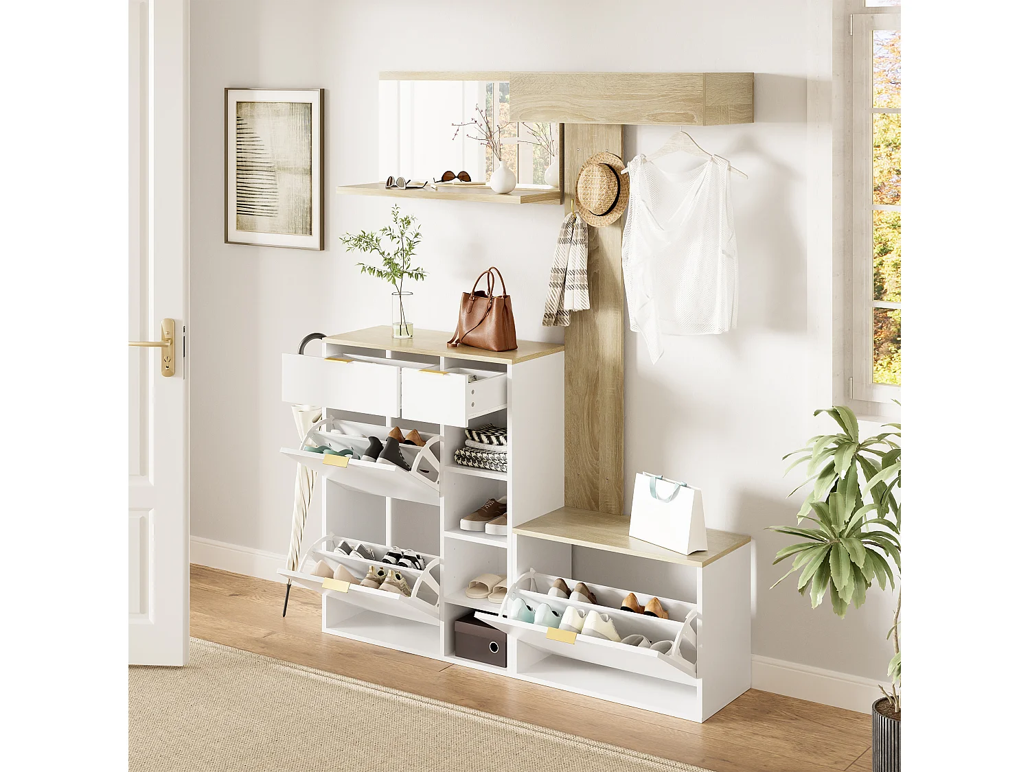 Garderoben-Set für den Eingangsbereich 130x30x174cm - mit Schuhschrank und Bank - mit Wandspiegel und Kleiderhaken - Natur + Weiß