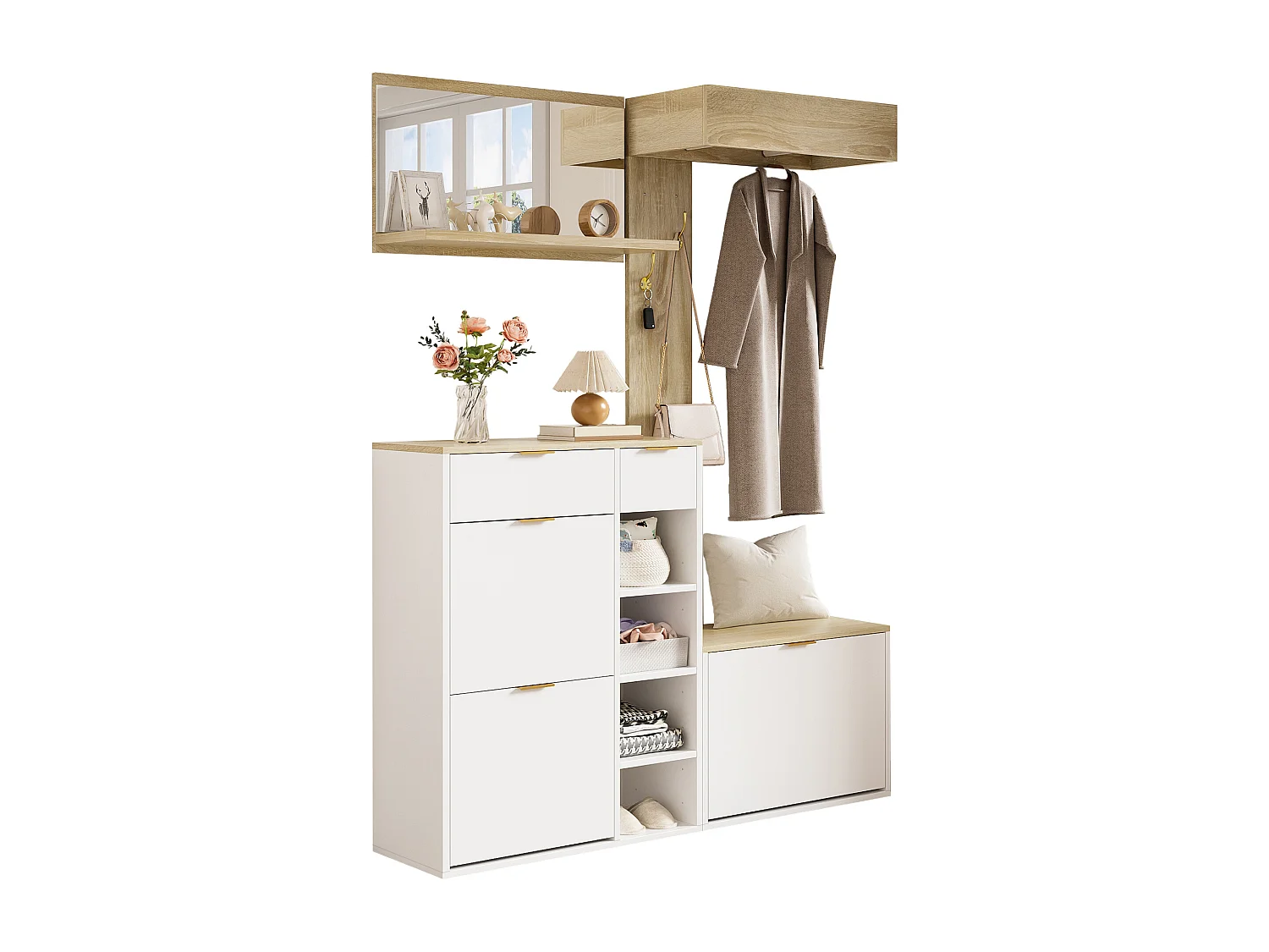 Garderoben-Set für den Eingangsbereich 130x30x174cm - mit Schuhschrank und Bank - mit Wandspiegel und Kleiderhaken - Natur + Weiß