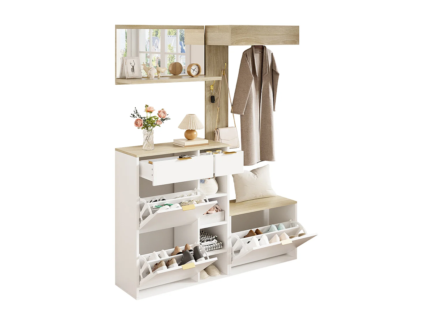 Garderoben-Set für den Eingangsbereich 130x30x174cm - mit Schuhschrank und Bank - mit Wandspiegel und Kleiderhaken - Natur + Weiß