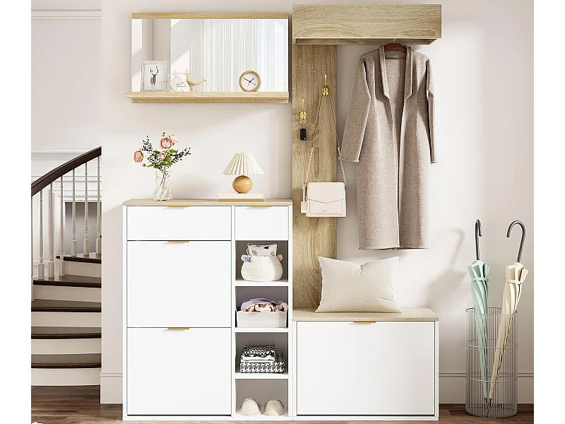 Garderoben-Set für den Eingangsbereich 130x30x174cm - mit Schuhschrank und Bank - mit Wandspiegel und Kleiderhaken - Natur + Weiß