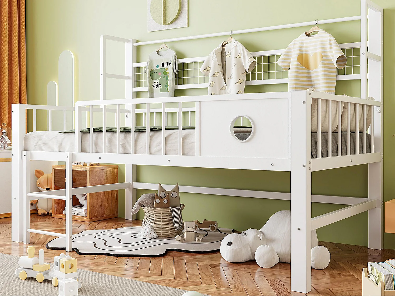 Lit enfant 90x200cm - Cadre en métal - Avec compartiments de rangement - Blanc (matelas non inclus)