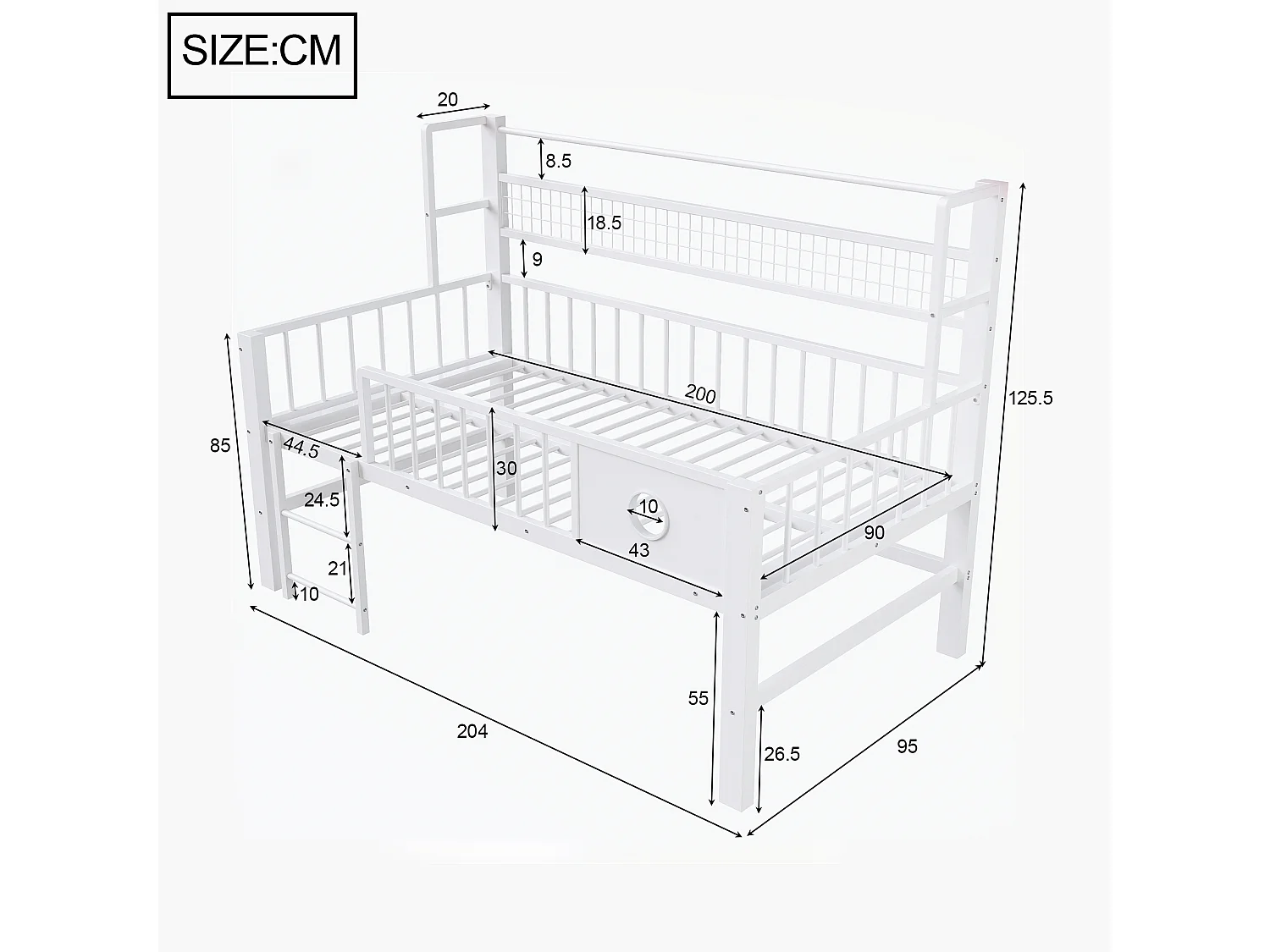 Lit enfant 90x200cm - Cadre en métal - Avec compartiments de rangement - Blanc (matelas non inclus)