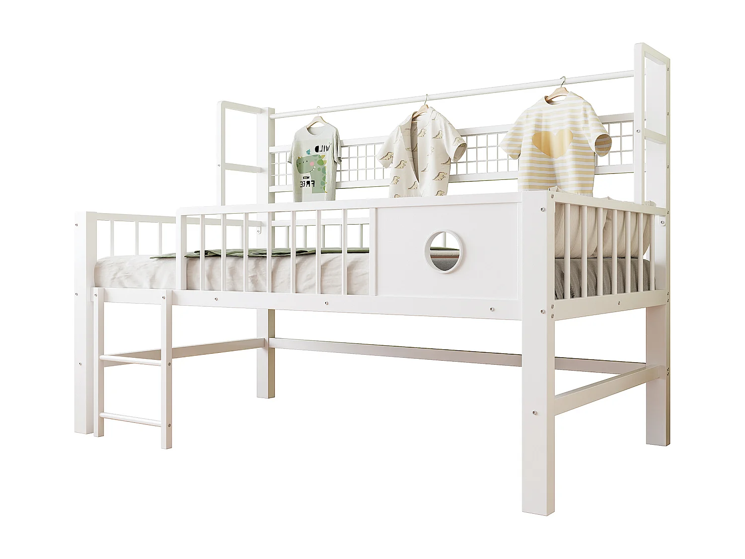 Lit enfant 90x200cm - Cadre en métal - Avec compartiments de rangement - Blanc (matelas non inclus)