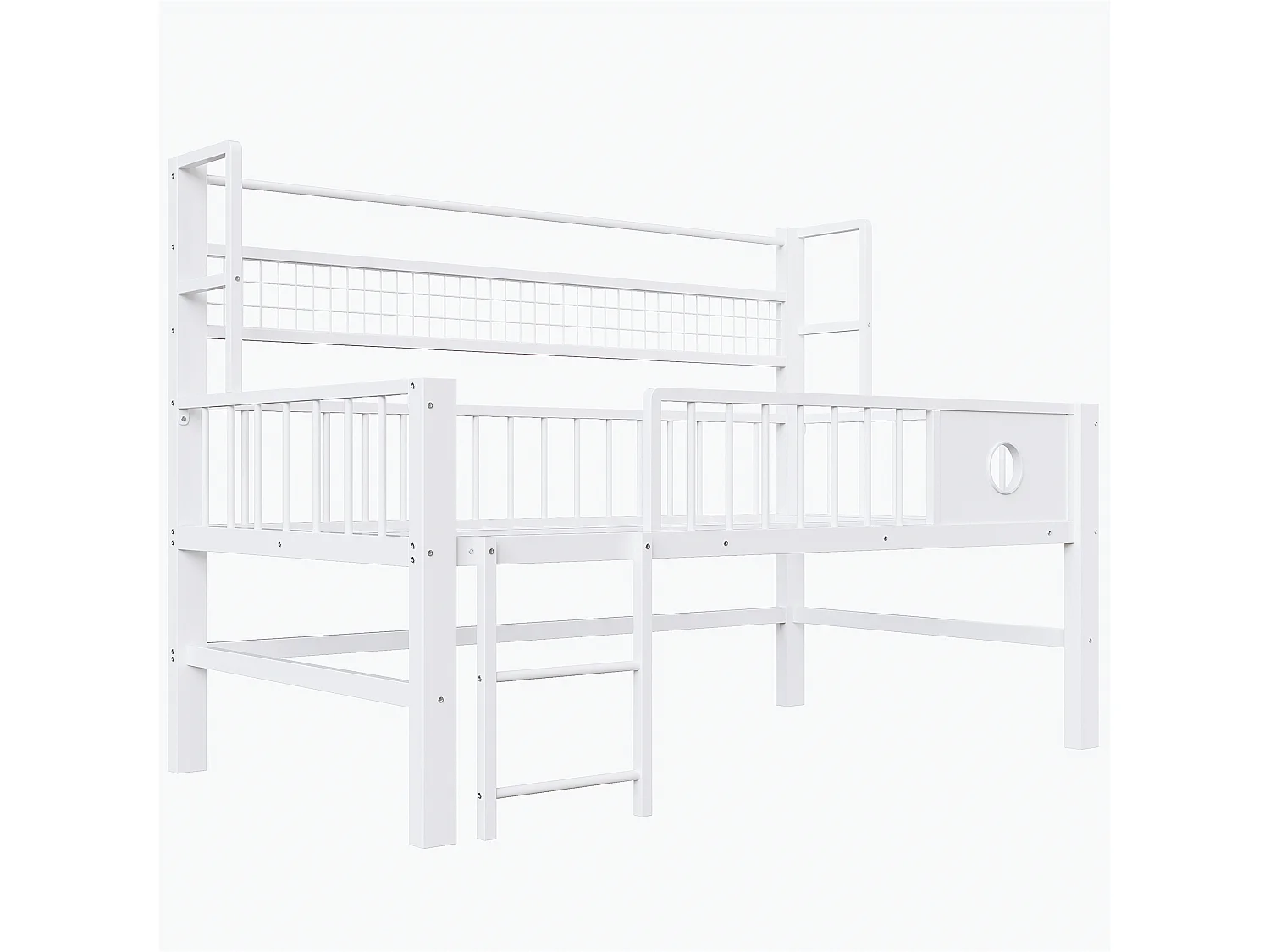 Lit enfant 90x200cm - Cadre en métal - Avec compartiments de rangement - Blanc (matelas non inclus)