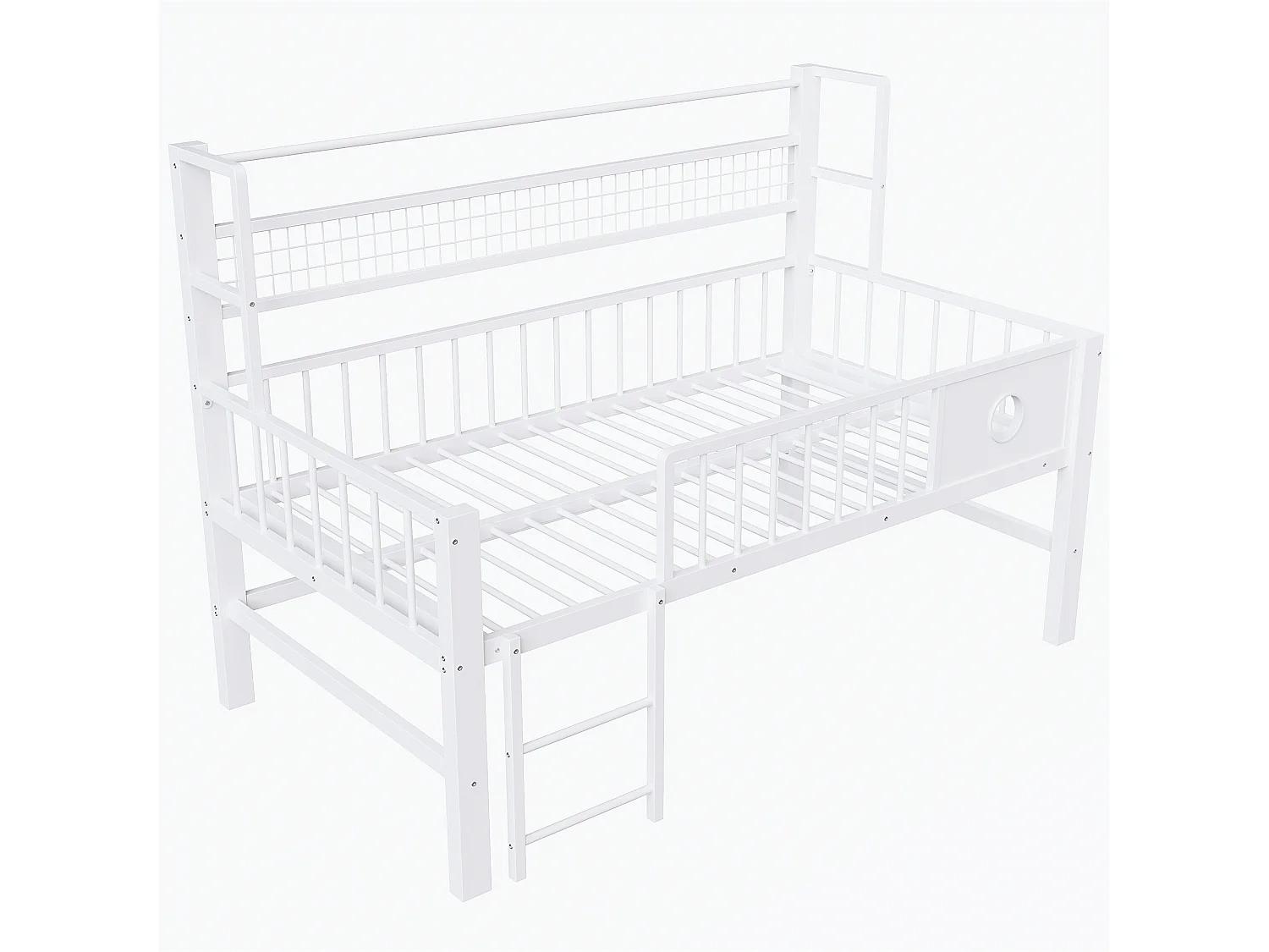 Lit enfant 90x200cm - Cadre en métal - Avec compartiments de rangement - Blanc (matelas non inclus)