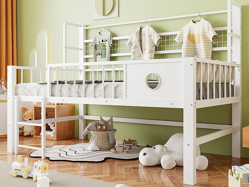 Lit enfant 90x200cm - Cadre en métal - Avec compartiments de rangement - Blanc (matelas non inclus)