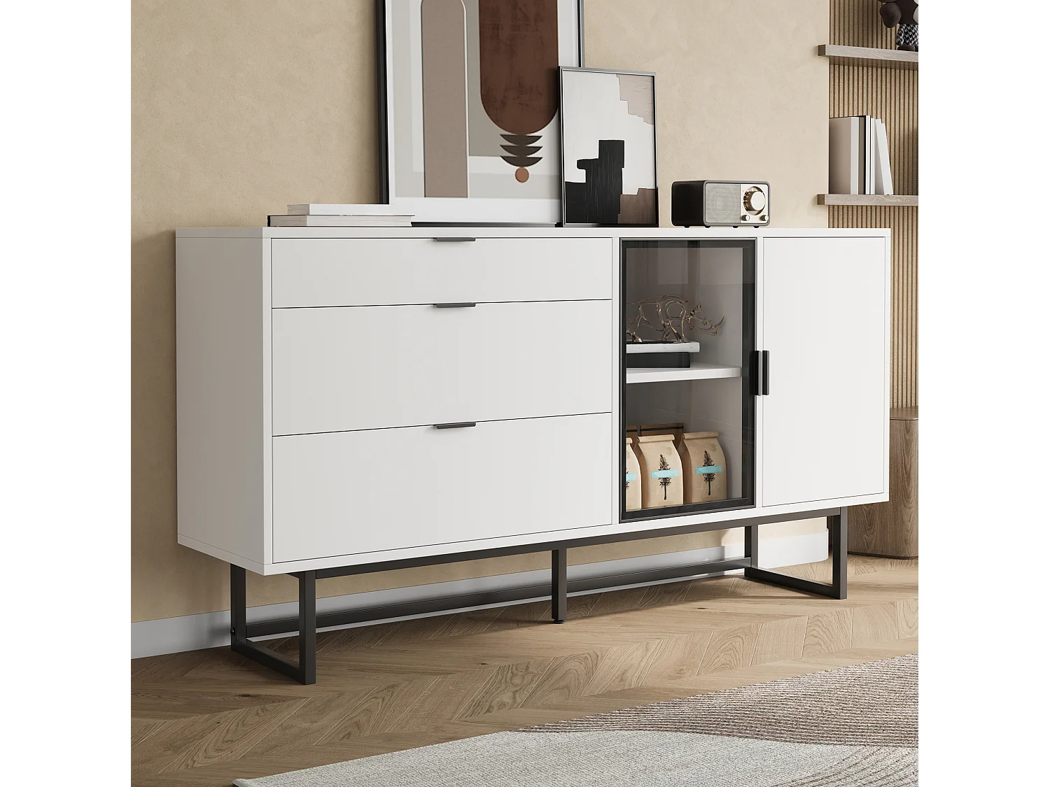 Nowoczesny kredens 160x36x78 cm - Meble do przechowywania - 3 szuflady i 2 drzwi - Oświetlenie LED - Biały