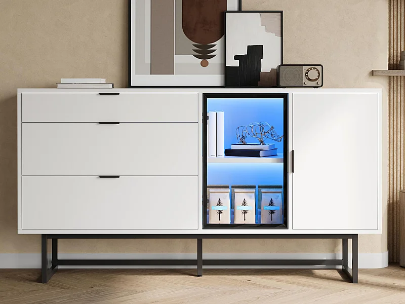 Nowoczesny kredens 160x36x78 cm - Meble do przechowywania - 3 szuflady i 2 drzwi - Oświetlenie LED - Biały