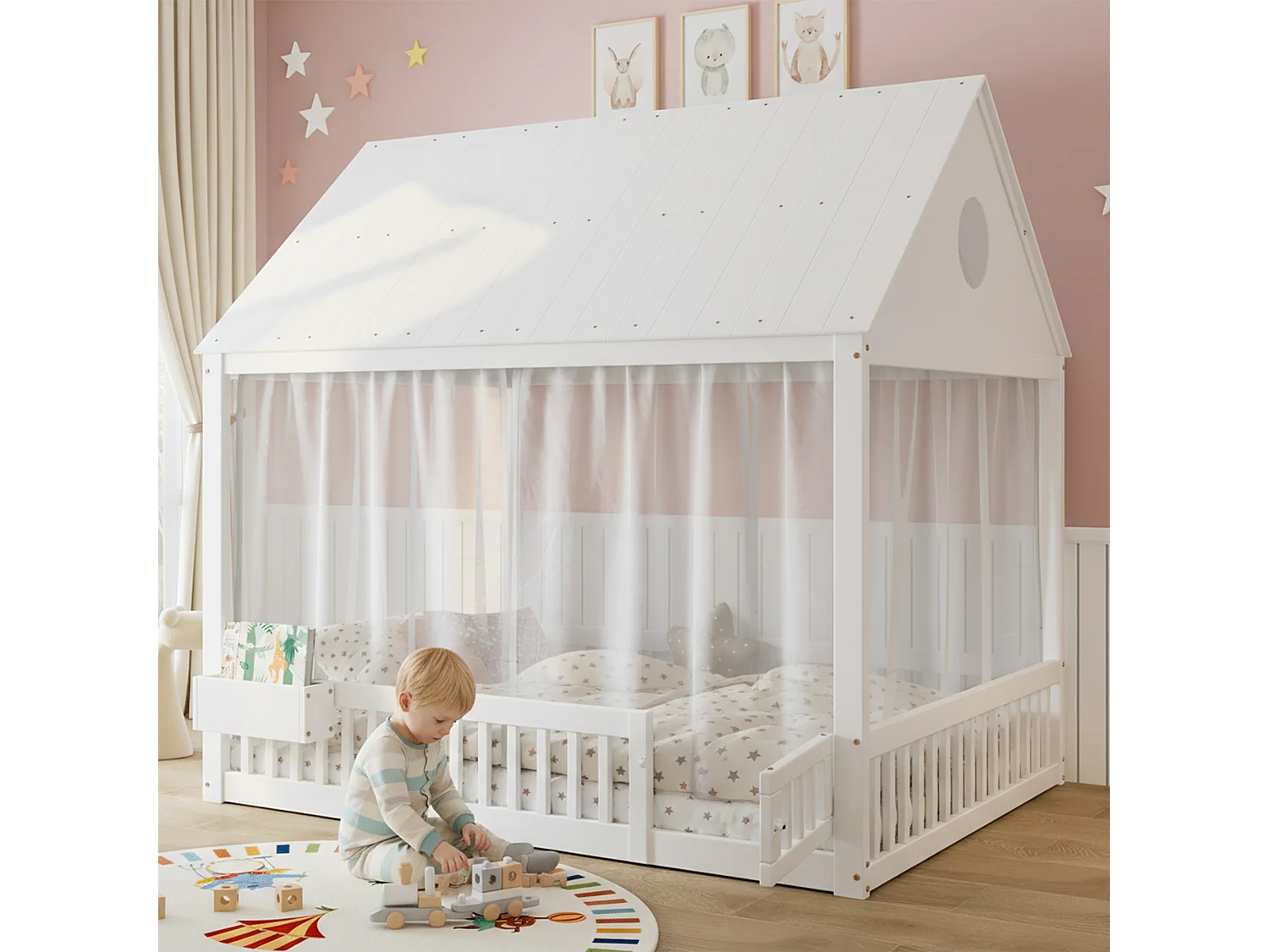 Lit enfant 140x200 cm - avec rideaux blancs décoratifs - avec 1 porte et compartiment de rangement - blanc (sans matelas)