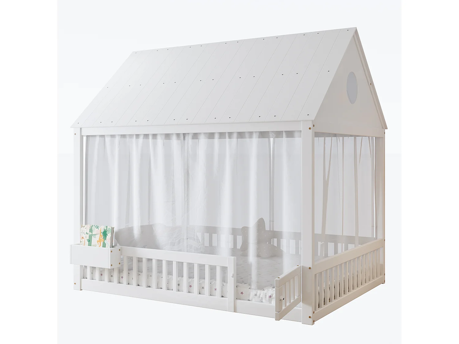 Lit enfant 140x200 cm - avec rideaux blancs décoratifs - avec 1 porte et compartiment de rangement - blanc (sans matelas)