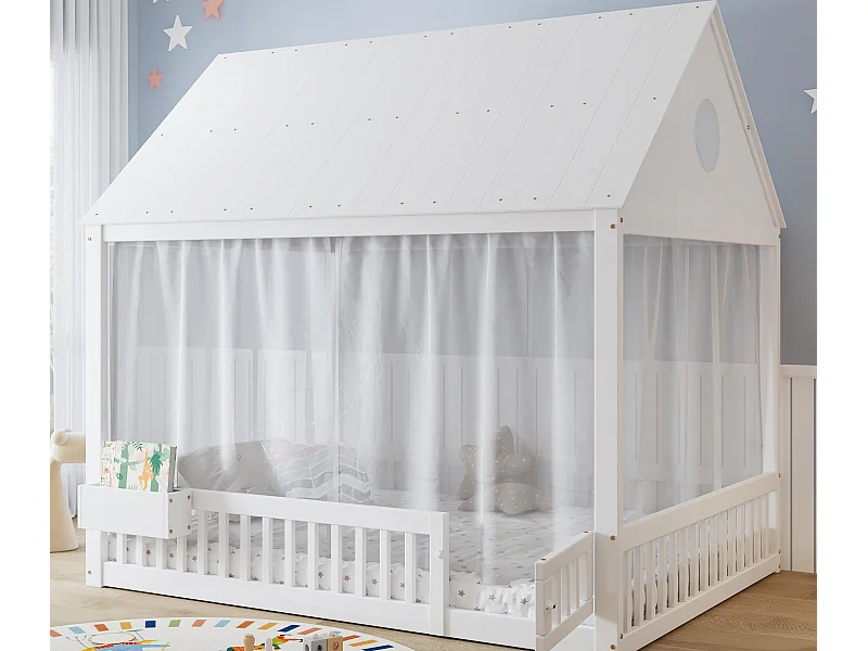 Lit enfant 140x200 cm - avec rideaux blancs décoratifs - avec 1 porte et compartiment de rangement - blanc (sans matelas)