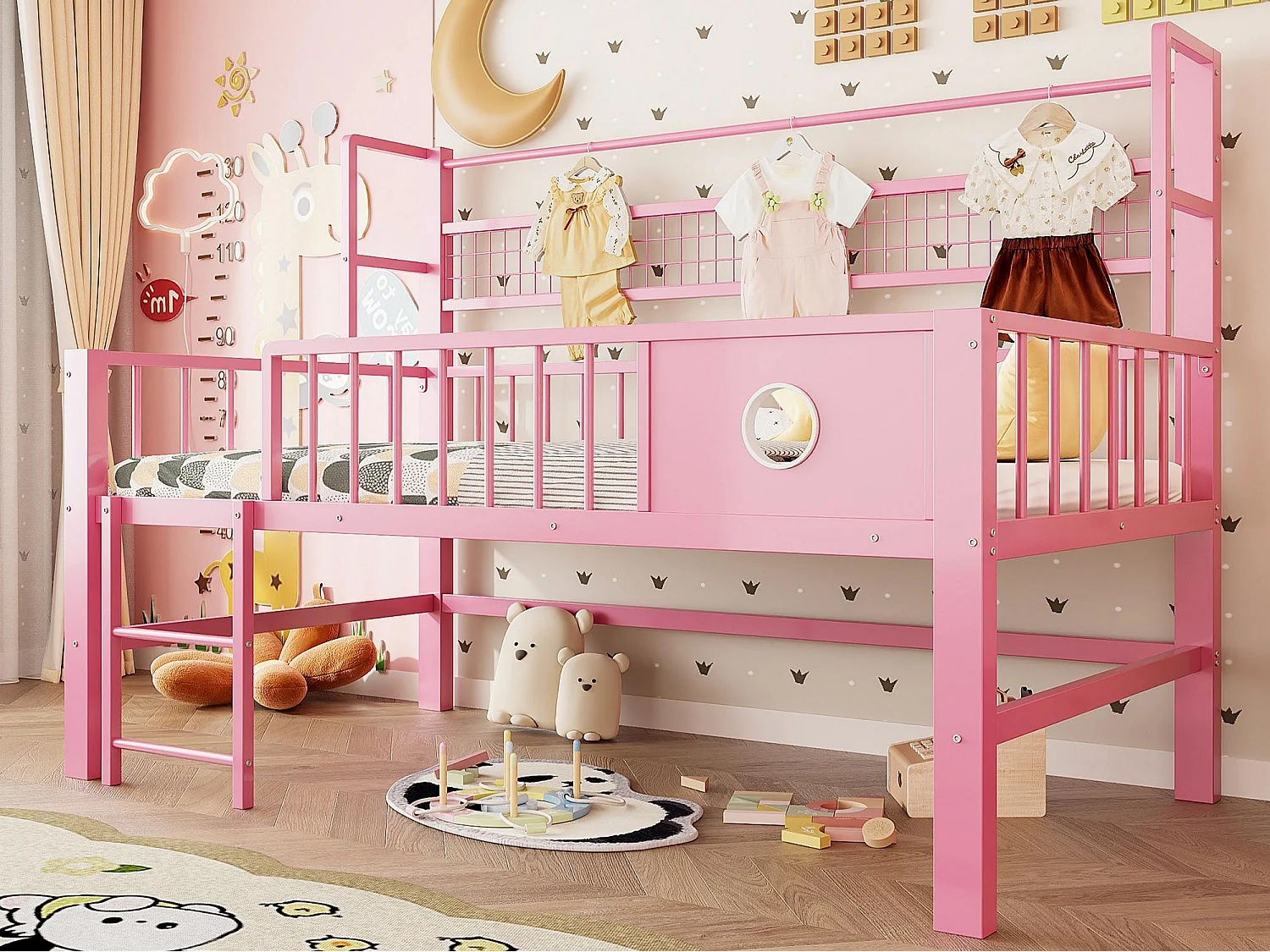 Lit enfant 90x200cm - Cadre en métal - Avec compartiments de rangement - rose (matelas non inclus)