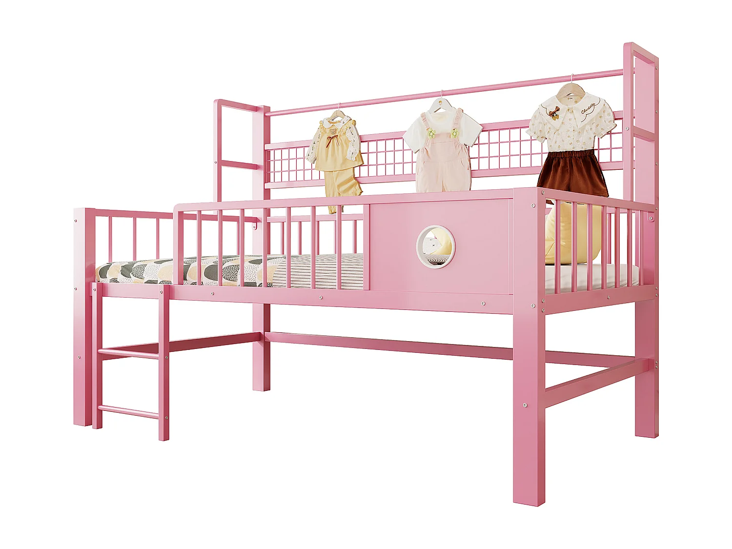 Lit enfant 90x200cm - Cadre en métal - Avec compartiments de rangement - rose (matelas non inclus)
