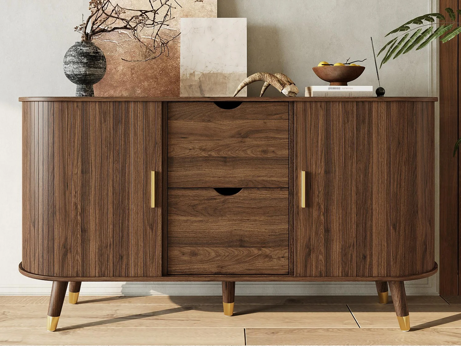 Ovales Sideboard 140x40x79,5 cm - 2 Schiebetüren und 2 Schubladen - Höhenverstellbare Einlegeböden - Füße aus Massivholz - MDF - Braun