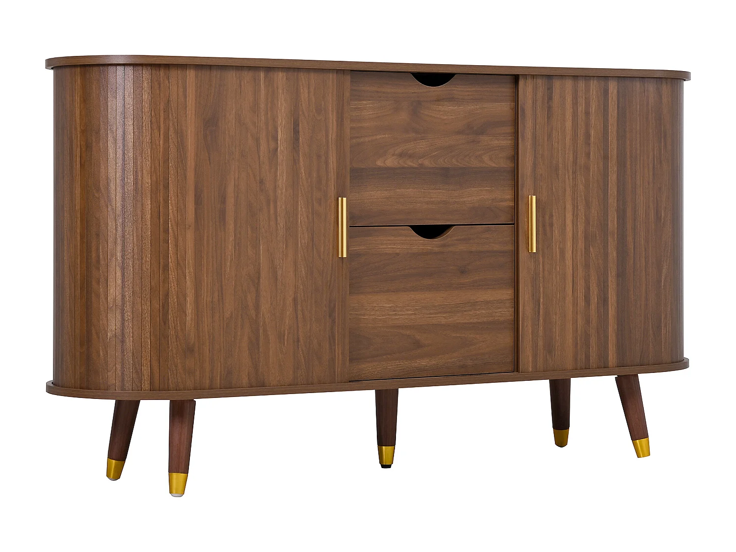 Ovales Sideboard 140x40x79,5 cm - 2 Schiebetüren und 2 Schubladen - Höhenverstellbare Einlegeböden - Füße aus Massivholz - MDF - Braun