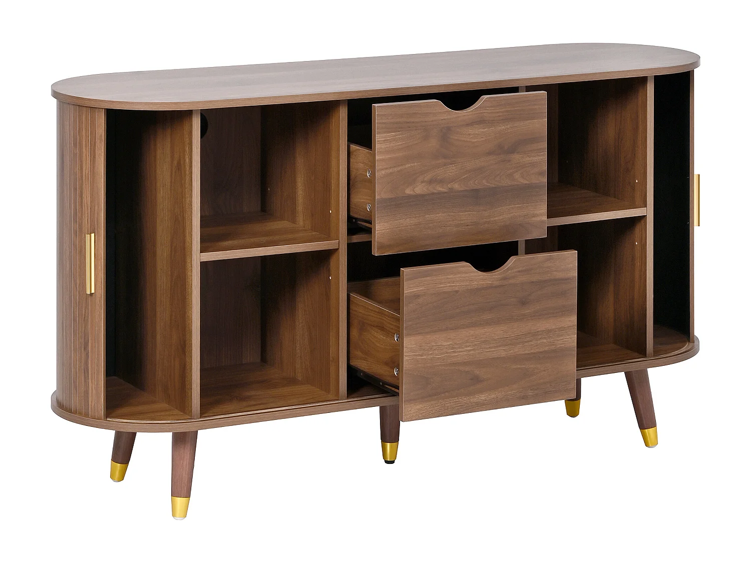 Ovales Sideboard 140x40x79,5 cm - 2 Schiebetüren und 2 Schubladen - Höhenverstellbare Einlegeböden - Füße aus Massivholz - MDF - Braun