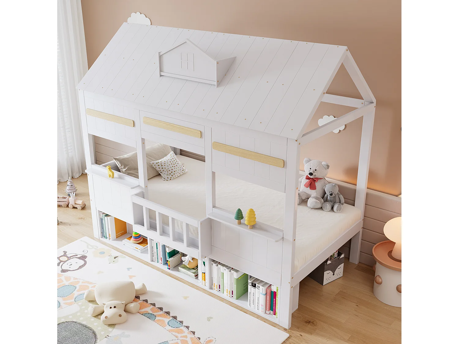 Lit enfant 90x200 cm - conception de maison - avec une bibliothèque - Bois massif + MDF + contreplaqué - blanc (sans matelas)