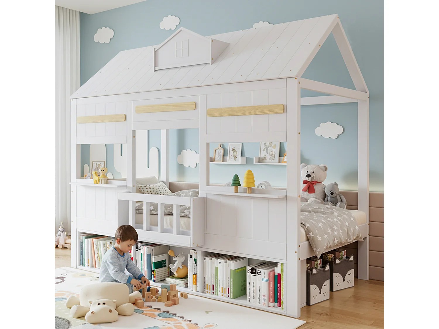 Lit enfant 90x200 cm - conception de maison - avec une bibliothèque - Bois massif + MDF + contreplaqué - blanc (sans matelas)