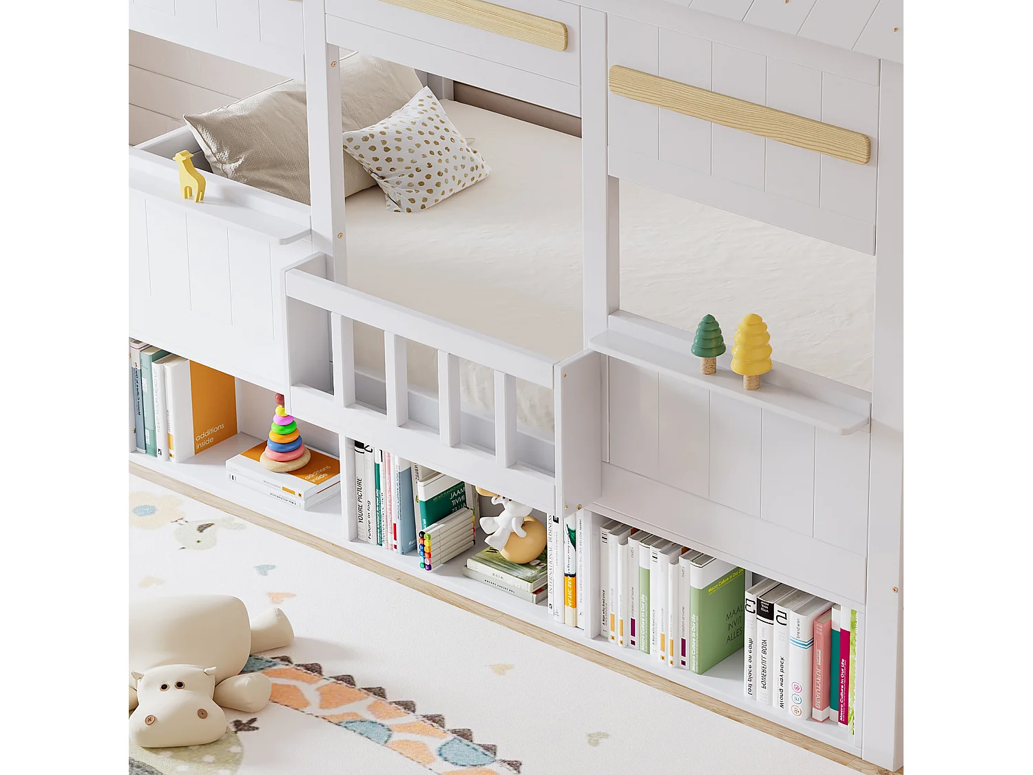 Lit enfant 90x200 cm - conception de maison - avec une bibliothèque - Bois massif + MDF + contreplaqué - blanc (sans matelas)