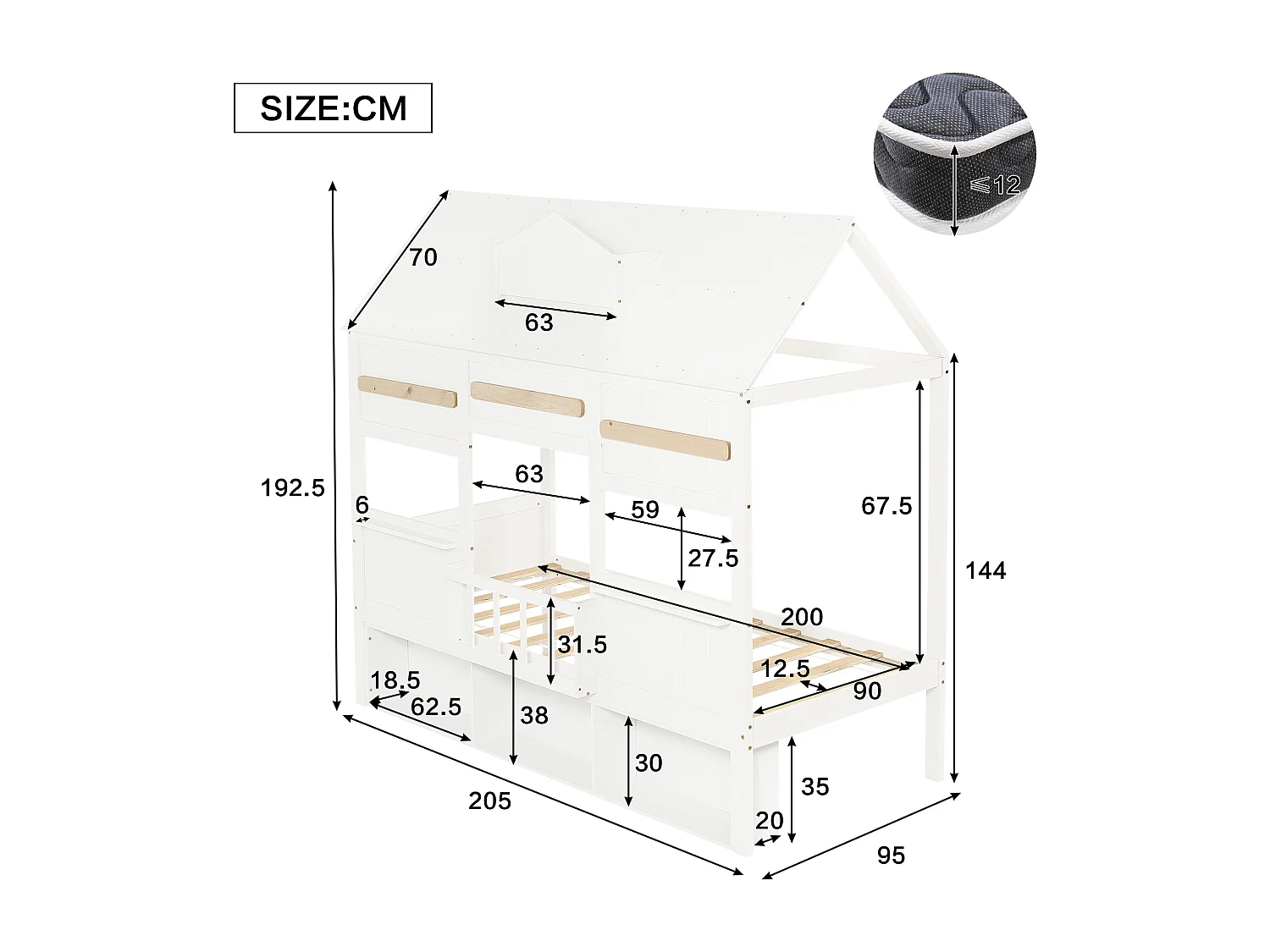 Lit enfant 90x200 cm - conception de maison - avec une bibliothèque - Bois massif + MDF + contreplaqué - blanc (sans matelas)
