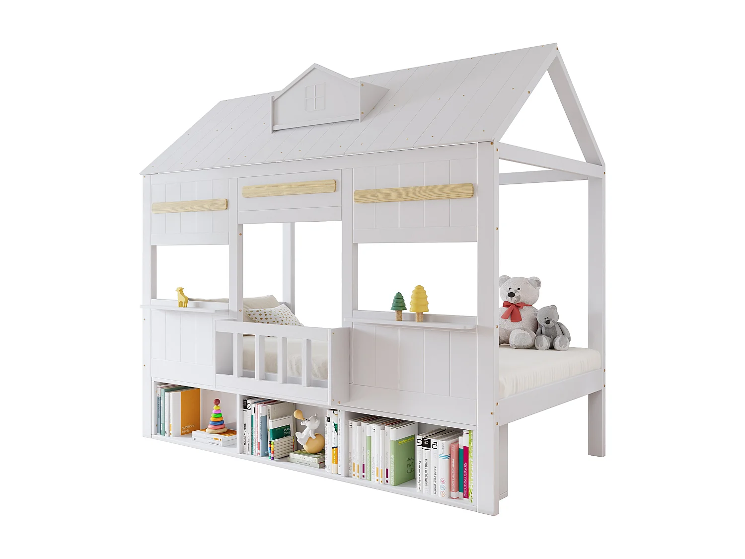 Lit enfant 90x200 cm - conception de maison - avec une bibliothèque - Bois massif + MDF + contreplaqué - blanc (sans matelas)