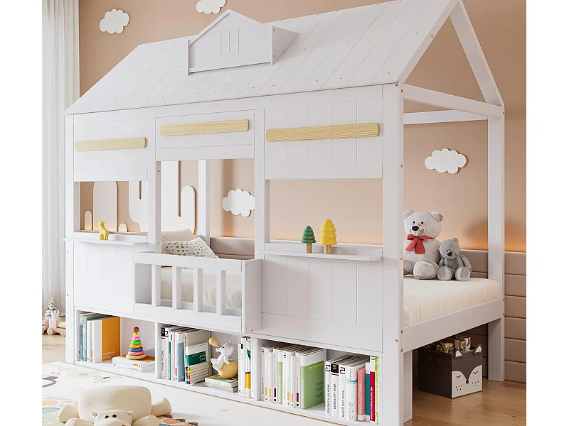Lit enfant 90x200 cm - conception de maison - avec une bibliothèque - Bois massif + MDF + contreplaqué - blanc (sans matelas)
